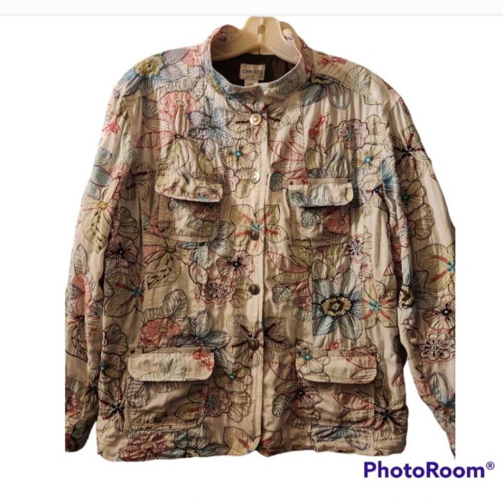 CHICO'S JACKET WITH EMBROIDERY FLOWERS VERY COLORFUL STATEMENT JACKET CHICO'S 3